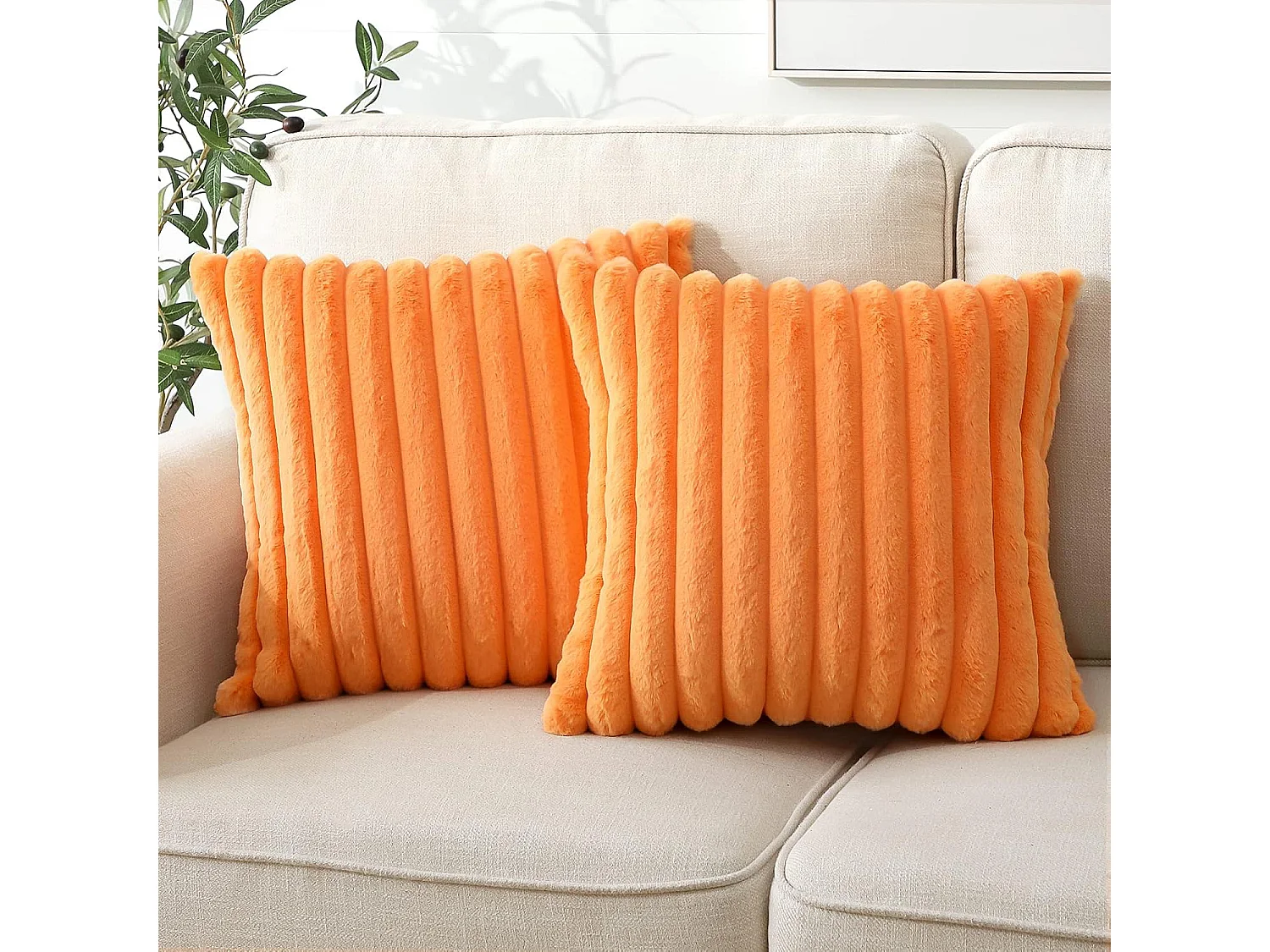 Lot 2 housses de coussin 45x45cm velours orange avec fermeture éclair motif (Sans rembourrage)