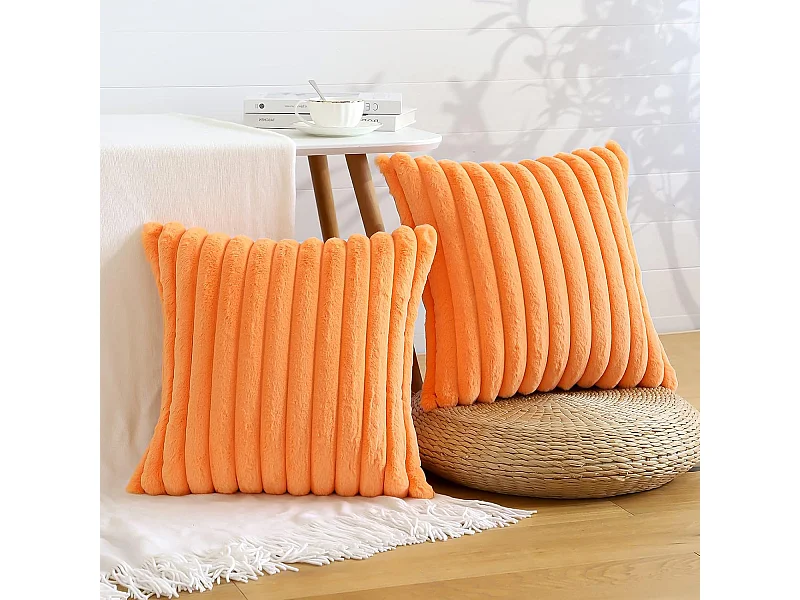 Lot 2 housses de coussin 45x45cm velours orange avec fermeture éclair motif (Sans rembourrage)