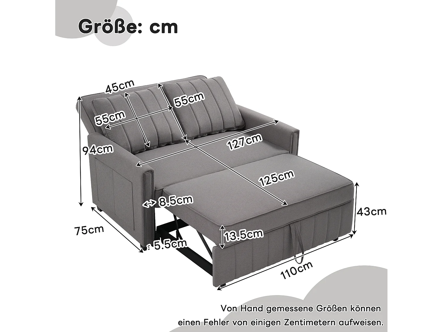 Canapé convertible 127x75x94 cm, dossier réglable 3 positions, 2 coussins, mousse, gris antique
