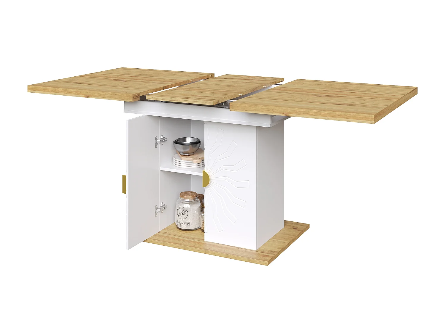 Table à manger extensible 110x45x76.5cm avec deux étagères grand espace de rangement en blanc pour cuisine et salon