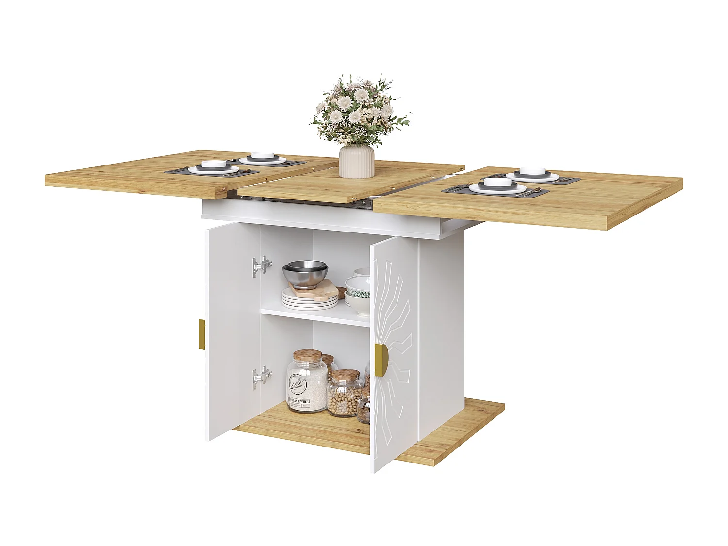 Table à manger extensible 110x45x76.5cm avec deux étagères grand espace de rangement en blanc pour cuisine et salon