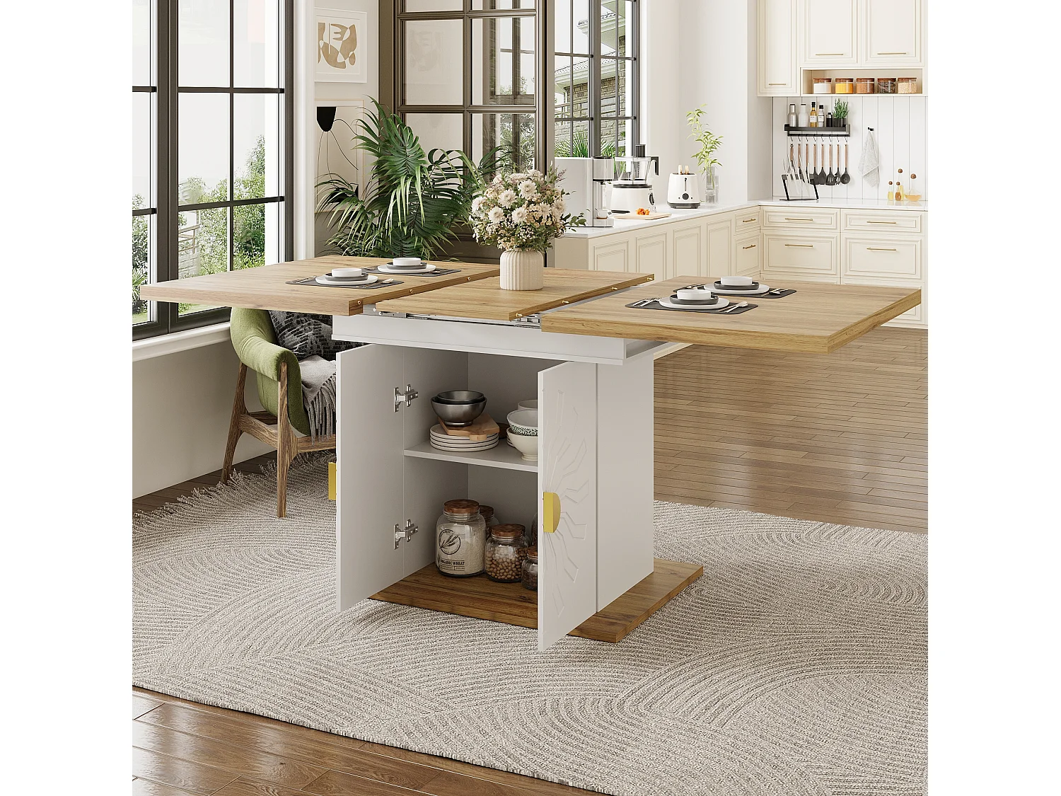 Table à manger extensible 110x45x76.5cm avec deux étagères grand espace de rangement en blanc pour cuisine et salon