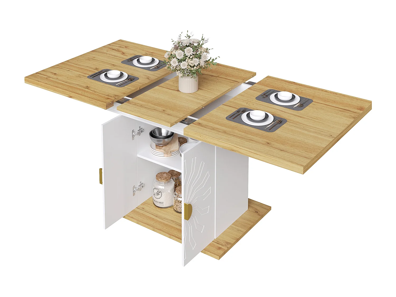 Table à manger 110x70x76 cm, extensible à 140 cm, rangement 2 étagères, poignées dorées, MDF blanc