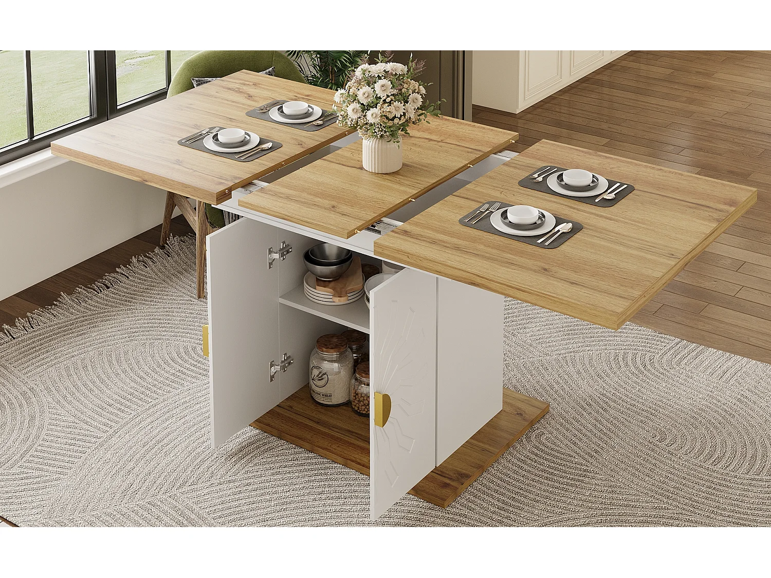 Table à manger 110x70x76 cm, extensible à 140 cm, rangement 2 étagères, poignées dorées, MDF blanc