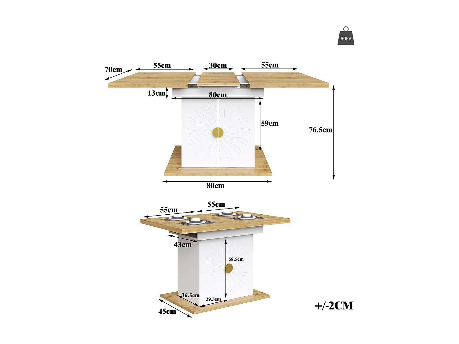 Table à manger 110x70x76 cm, extensible à 140 cm, rangement 2 étagères, poignées dorées, MDF blanc