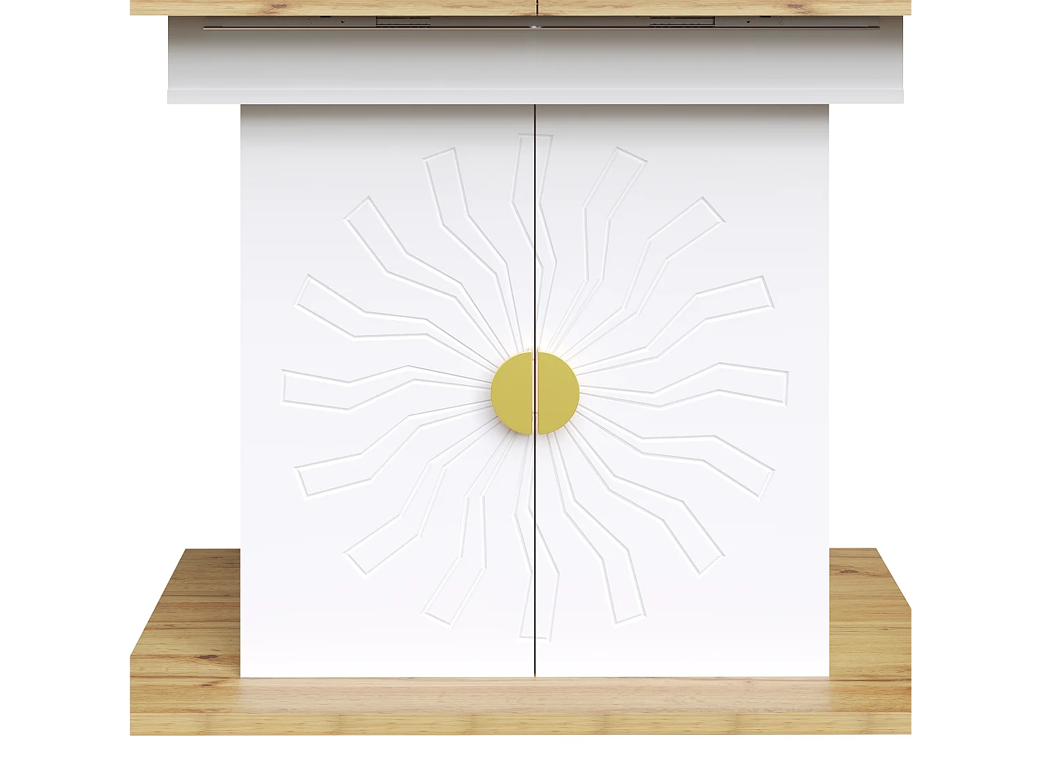 Table à manger 110x70x76 cm, extensible à 140 cm, rangement 2 étagères, poignées dorées, MDF blanc