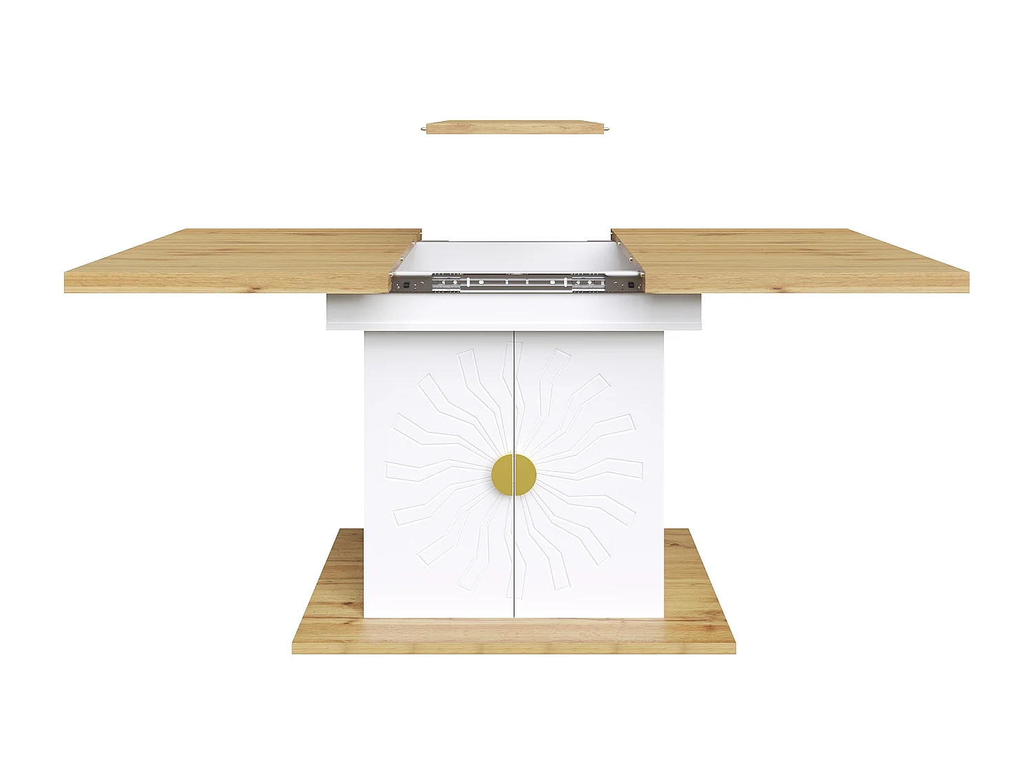 Table à manger 110x70x76 cm, extensible à 140 cm, rangement 2 étagères, poignées dorées, MDF blanc