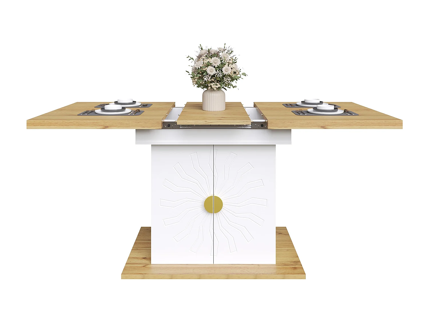 Table à manger 110x70x76 cm, extensible à 140 cm, rangement 2 étagères, poignées dorées, MDF blanc