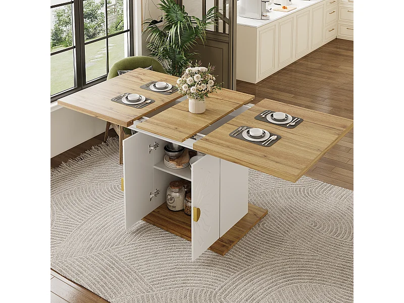 Table à manger extensible 110x45x76.5cm avec deux étagères grand espace de rangement en blanc pour cuisine et salon