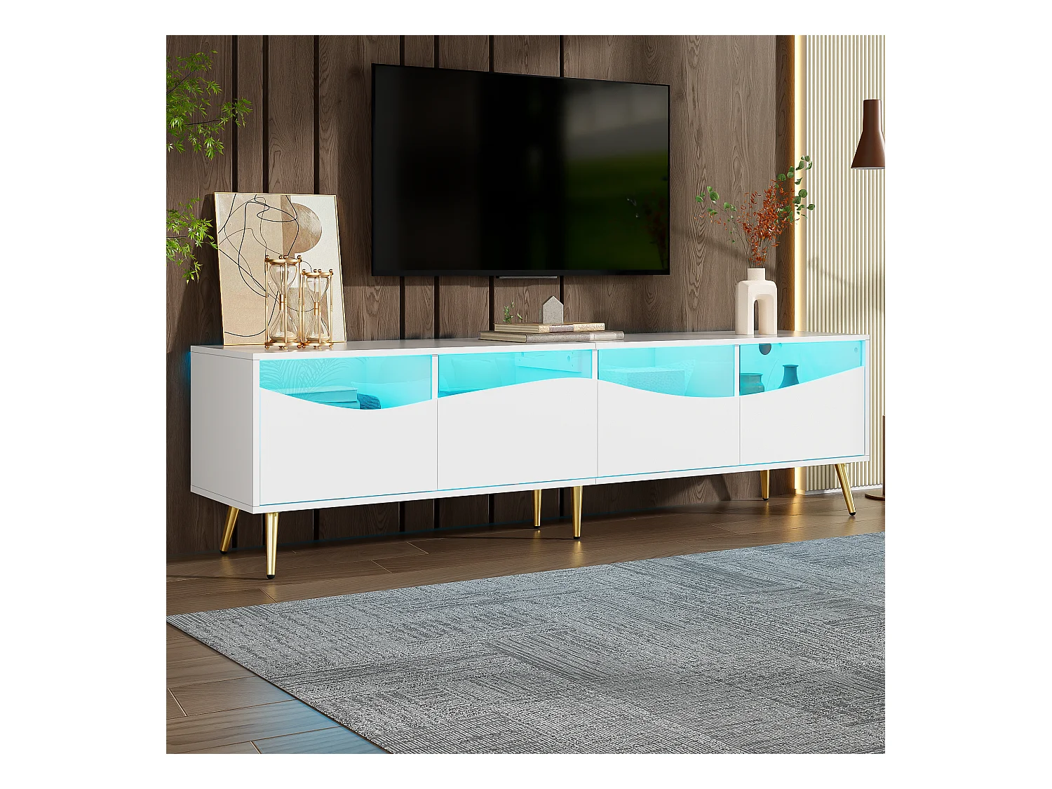 Meuble TV avec 4 portes vitrées, lumières LED, pieds en métal ,couleur blanc