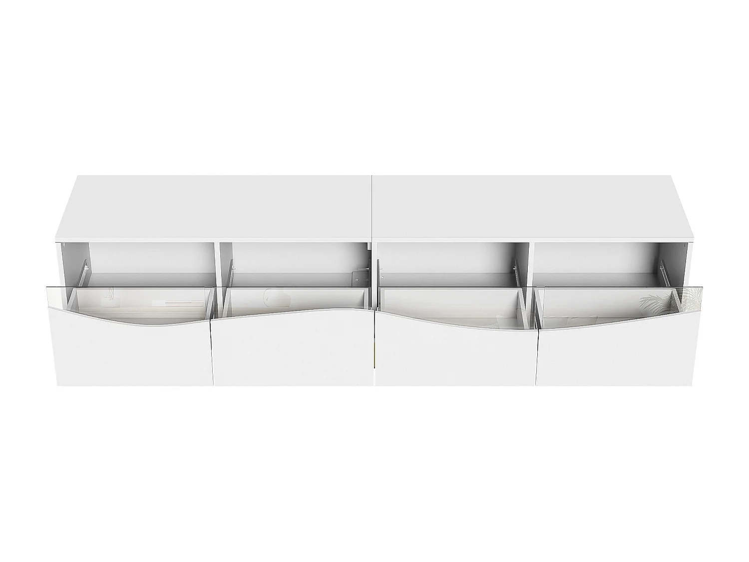 Meuble TV avec 4 portes vitrées, lumières LED, pieds en métal ,couleur blanc