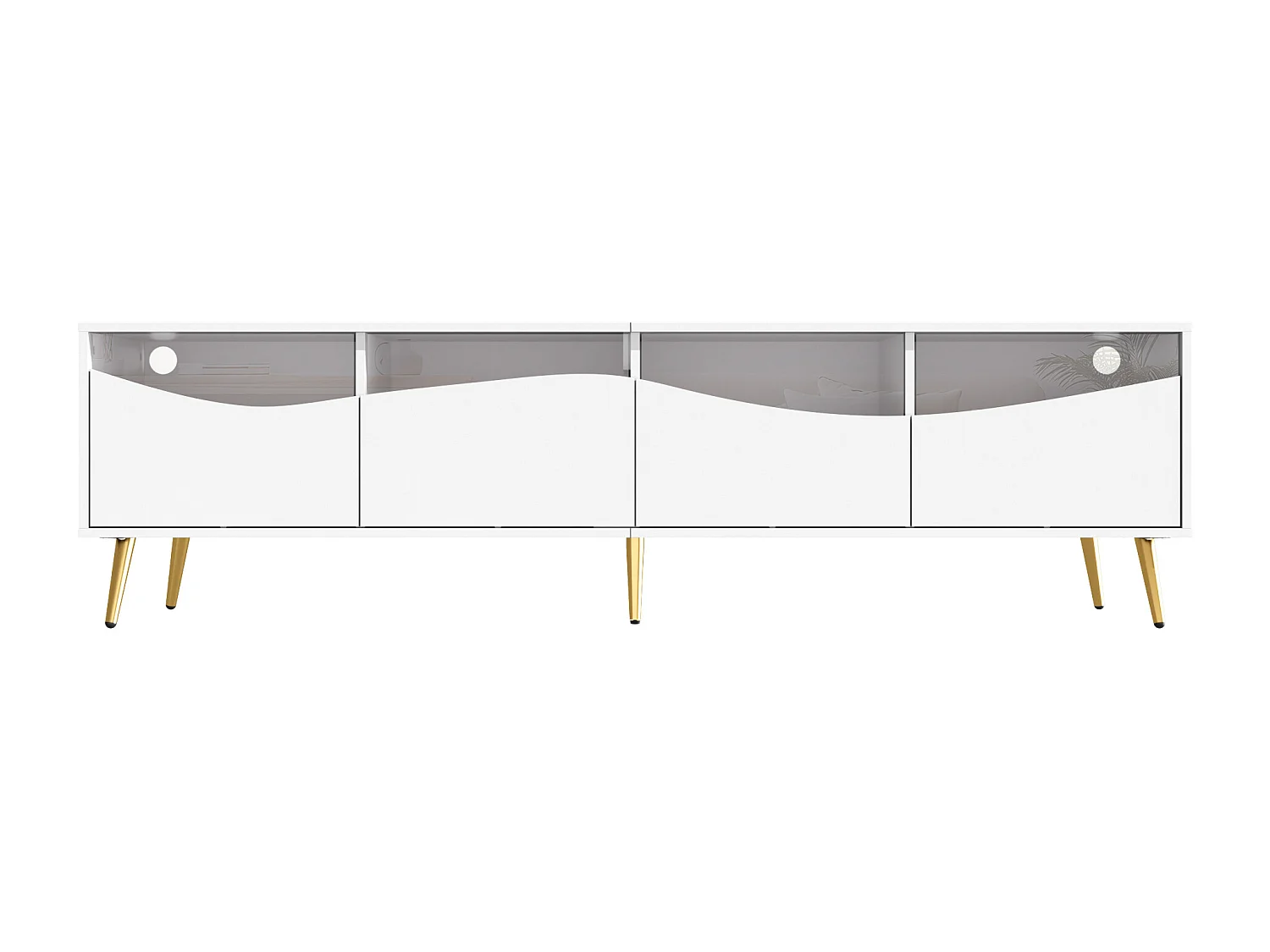 Meuble TV avec 4 portes vitrées, lumières LED, pieds en métal ,couleur blanc