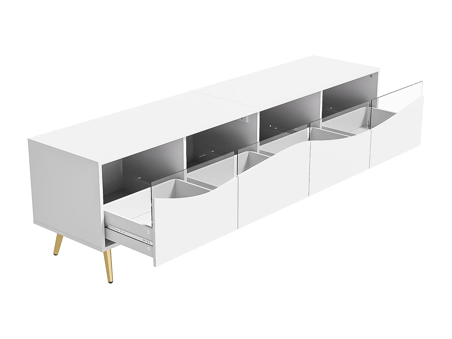 Meuble TV avec 4 portes vitrées, lumières LED, pieds en métal ,couleur blanc