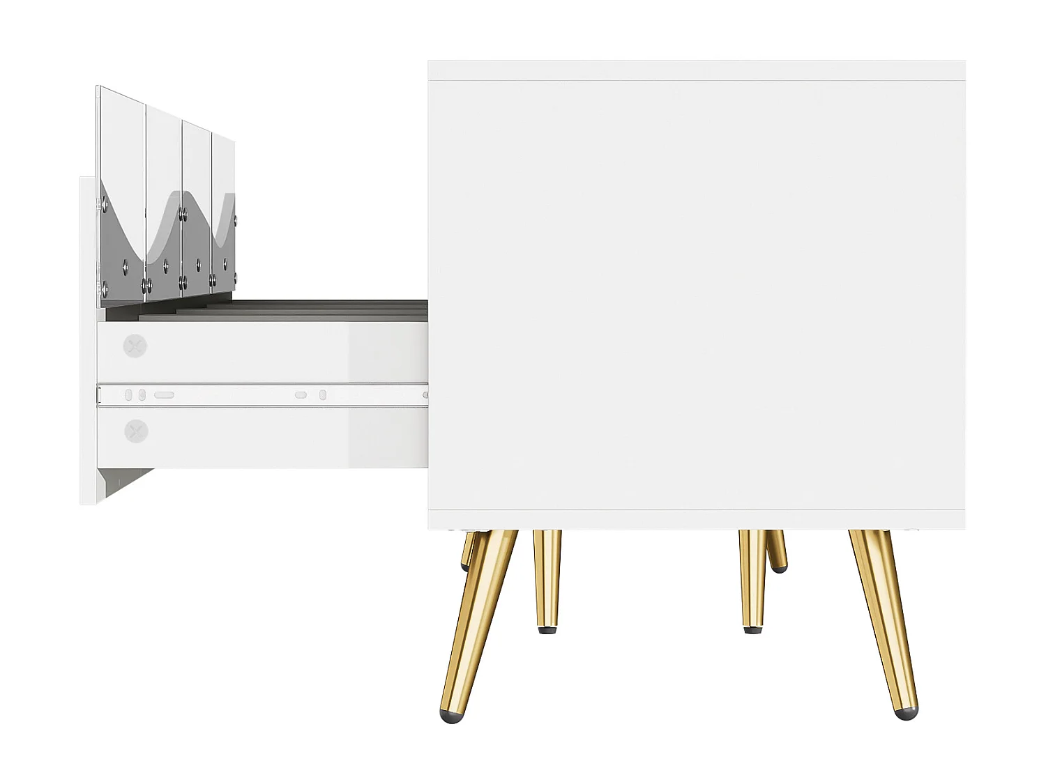 Meuble TV avec 4 portes vitrées, lumières LED, pieds en métal ,couleur blanc