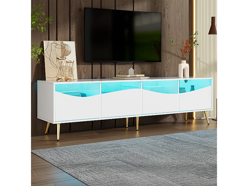 Meuble TV avec 4 portes vitrées, lumières LED, pieds en métal ,couleur blanc