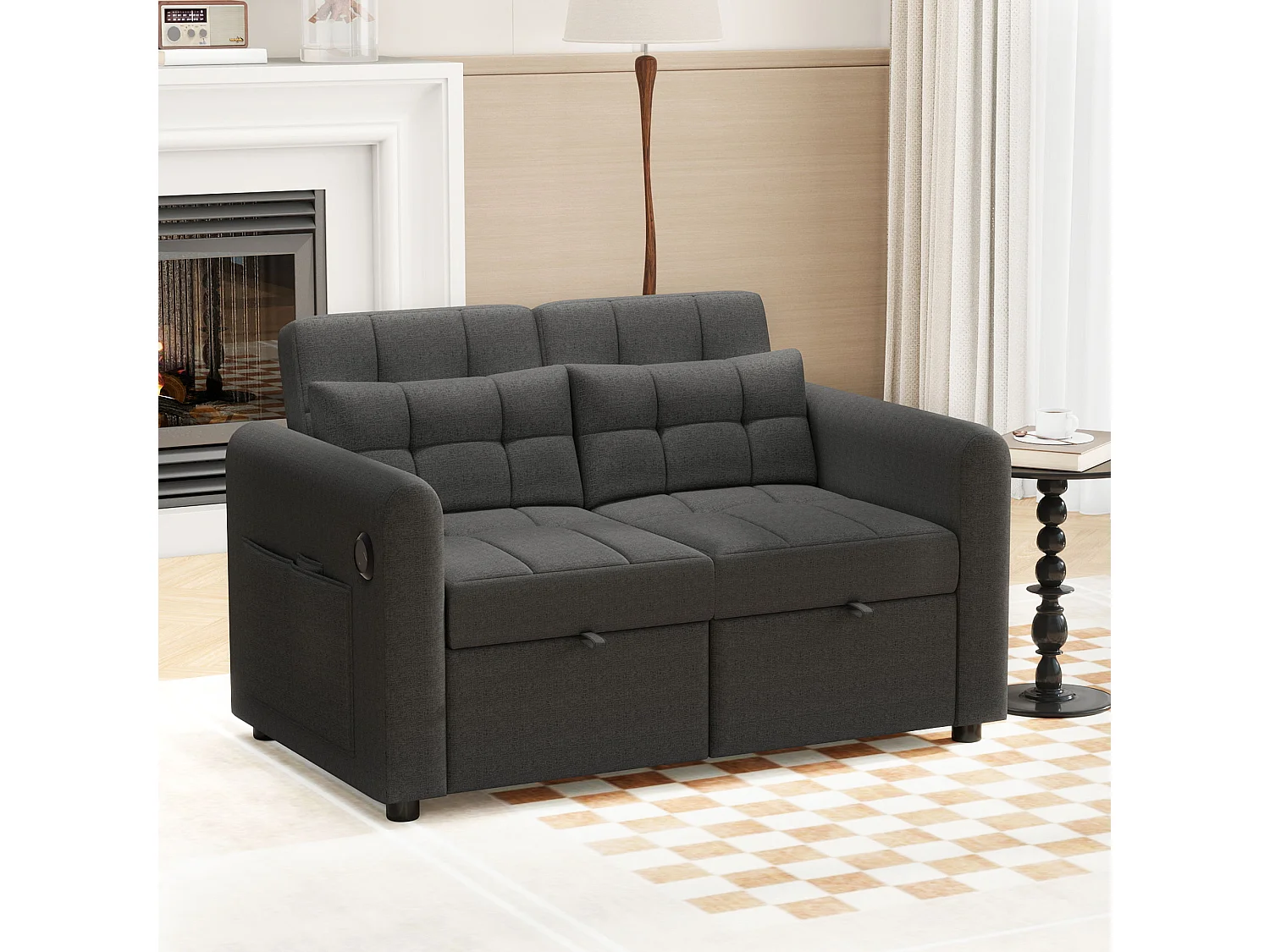 Canapé convertible 142x85x83 cm, 3-en-1, dossier réglable, ports USB, poches d’accoudoirs, tissu coton lin gris