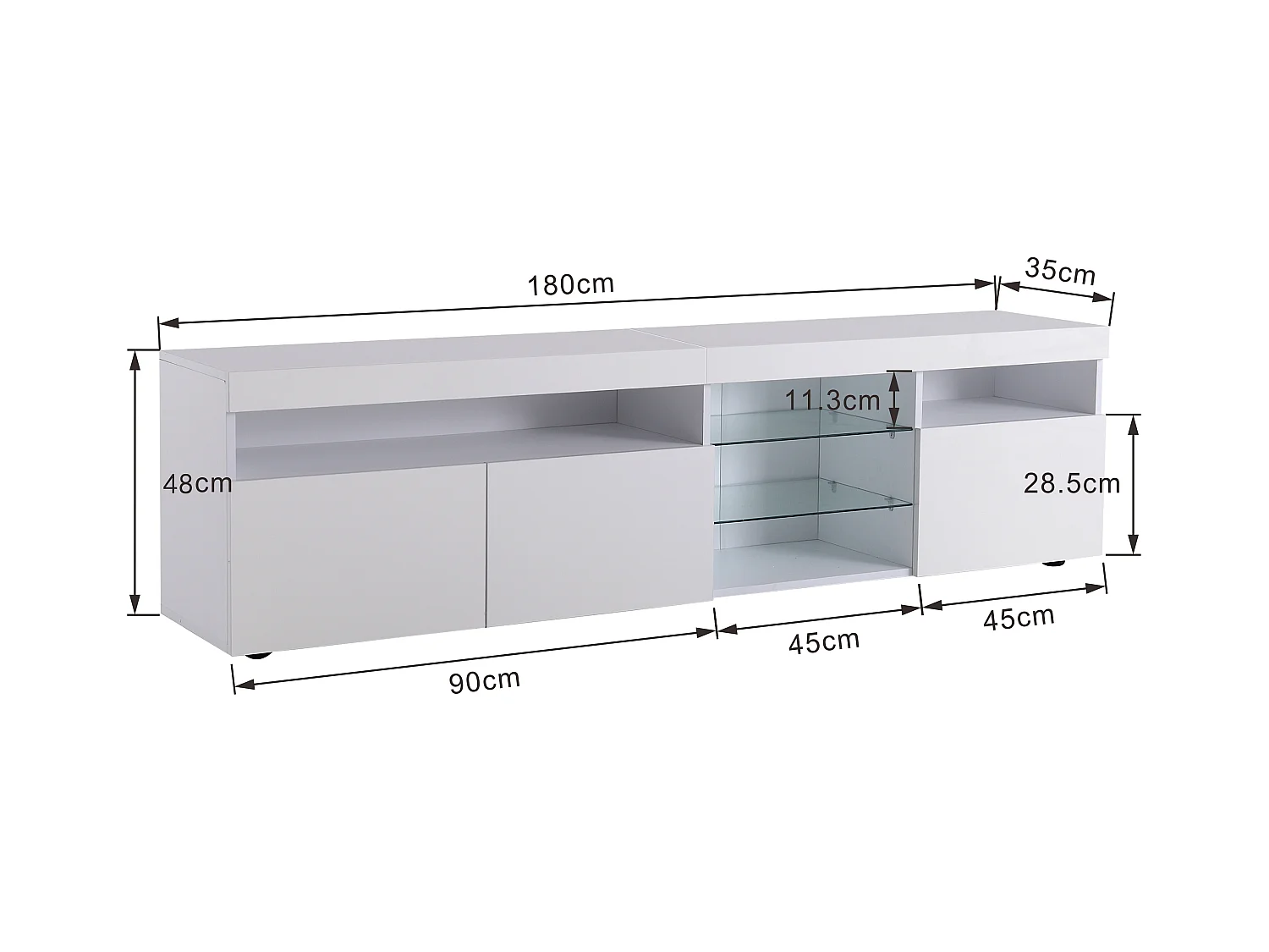 TV kast 180x35x48cm met 3 deuren 4 kleuren veranderlijke LED en hoogglanspanelen brengen Materiaal MDF en Wit