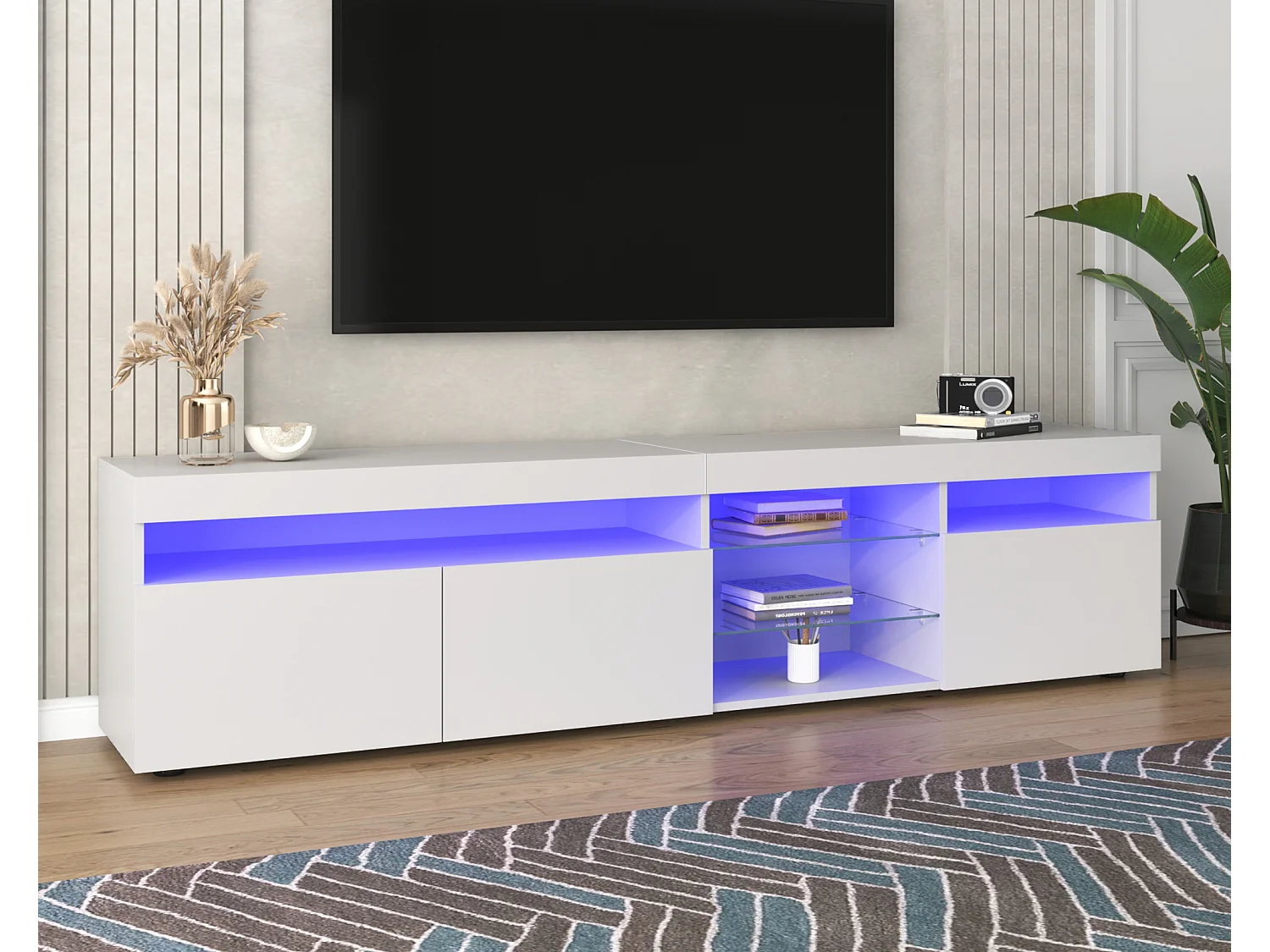 Meuble TV 180x35x48cm avec 3 portes LED 4 Couleurs Variables Panneau brillant Matériel MDF Blanc