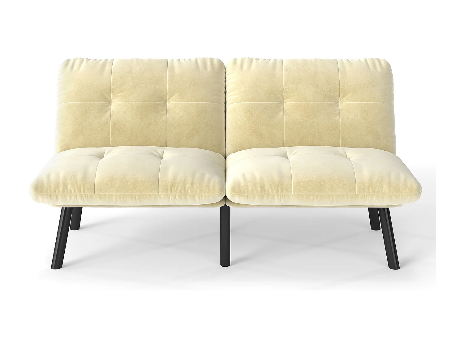 Sofá convertible de 2 plazas en color crema, terciopelo y metal, con patas negras.