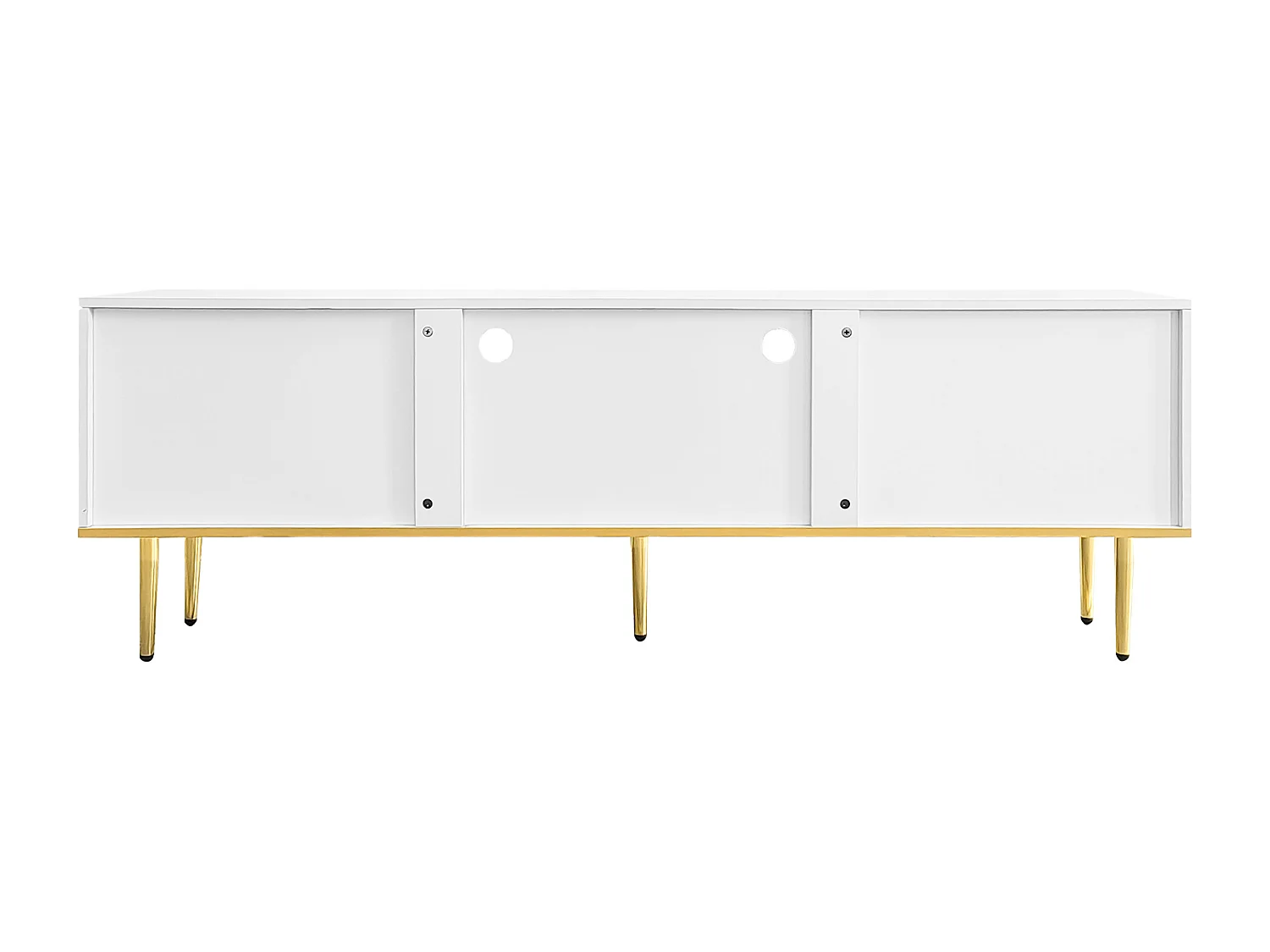 Meuble TV 165x36x55 cm, 2 compartiments, 2 tiroirs, accents dorés, panneau de particules, blanc