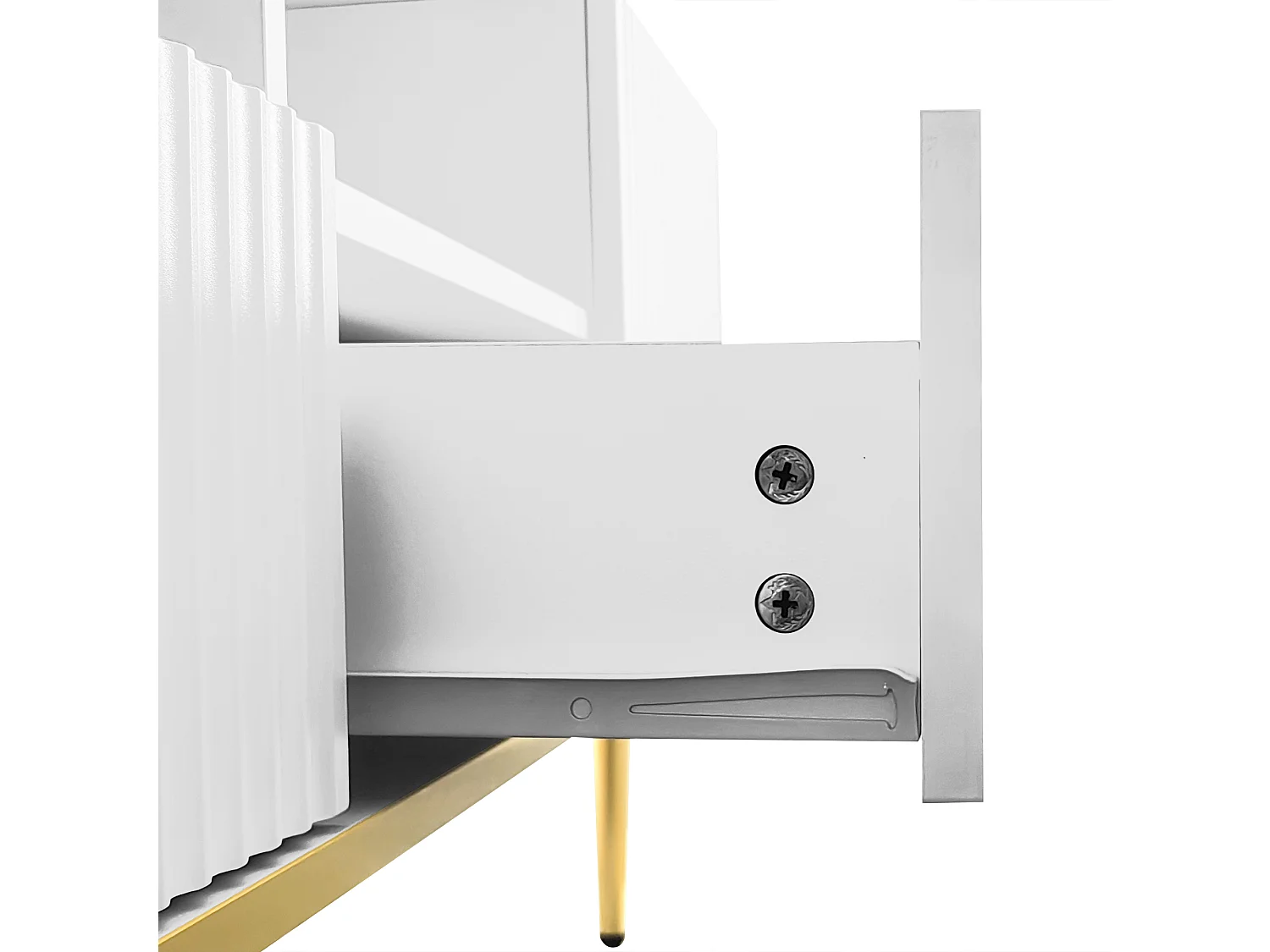 Meuble TV 165x36x55 cm, 2 compartiments, 2 tiroirs, accents dorés, panneau de particules, blanc