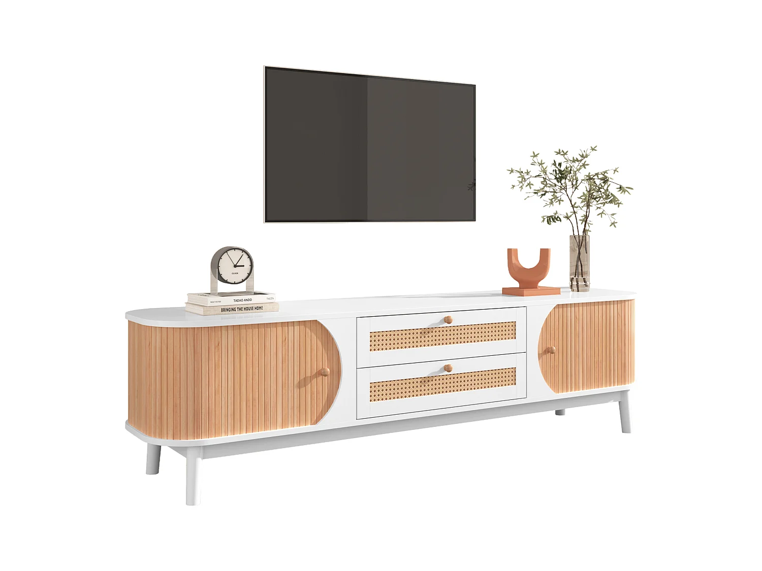 TV kast 170x39.5x46cm met deuren laden en rotan zijkanten van witte MDF brengen Materiaal MDF Wit