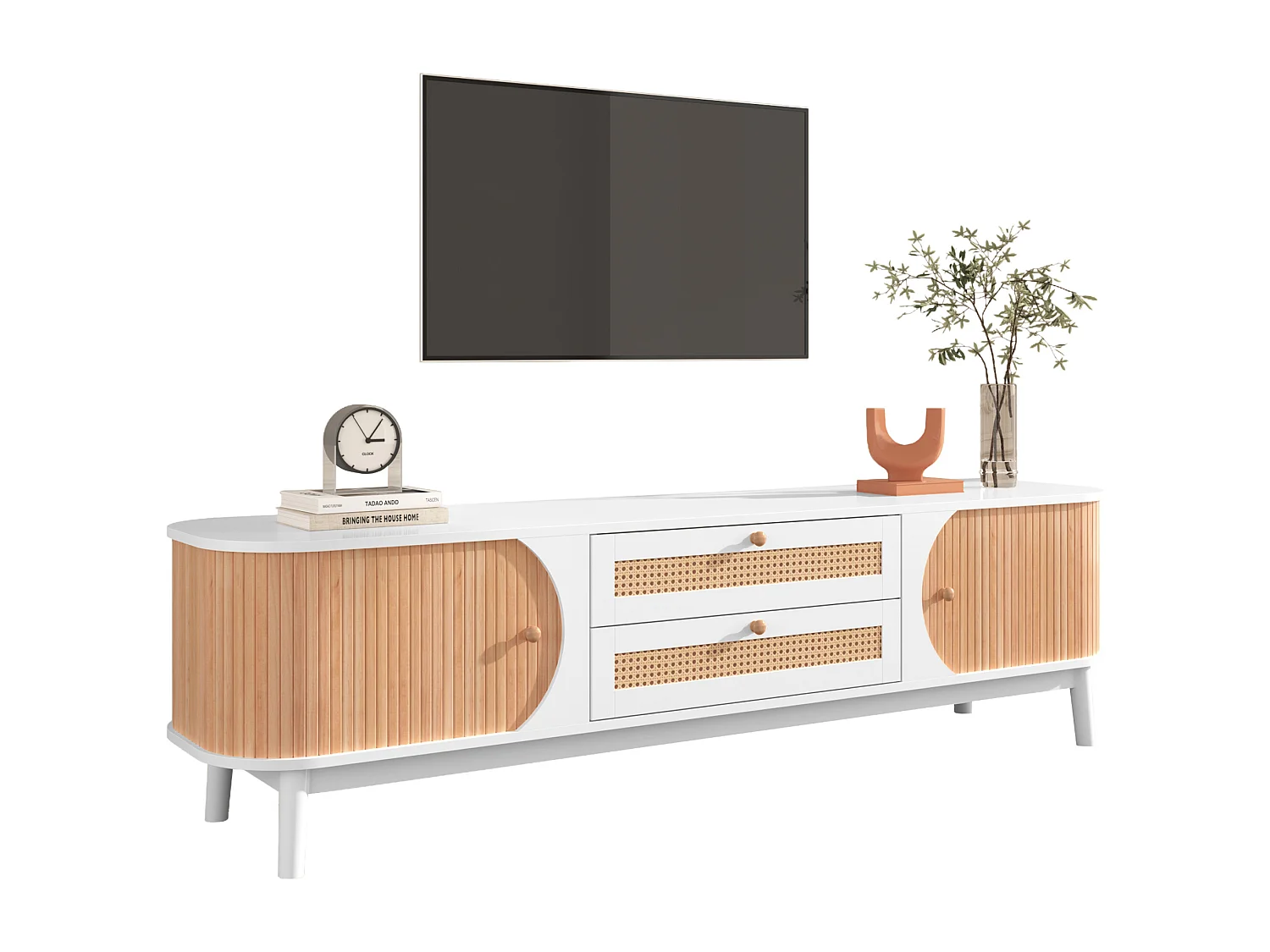 TV kast 170x39.5x46cm met deuren laden en rotan zijkanten van witte MDF brengen Materiaal MDF Wit