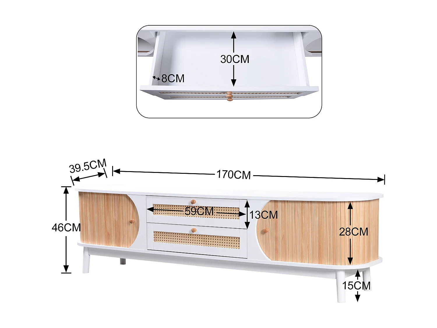 TV kast 170x39.5x46cm met deuren laden en rotan zijkanten van witte MDF brengen Materiaal MDF Wit