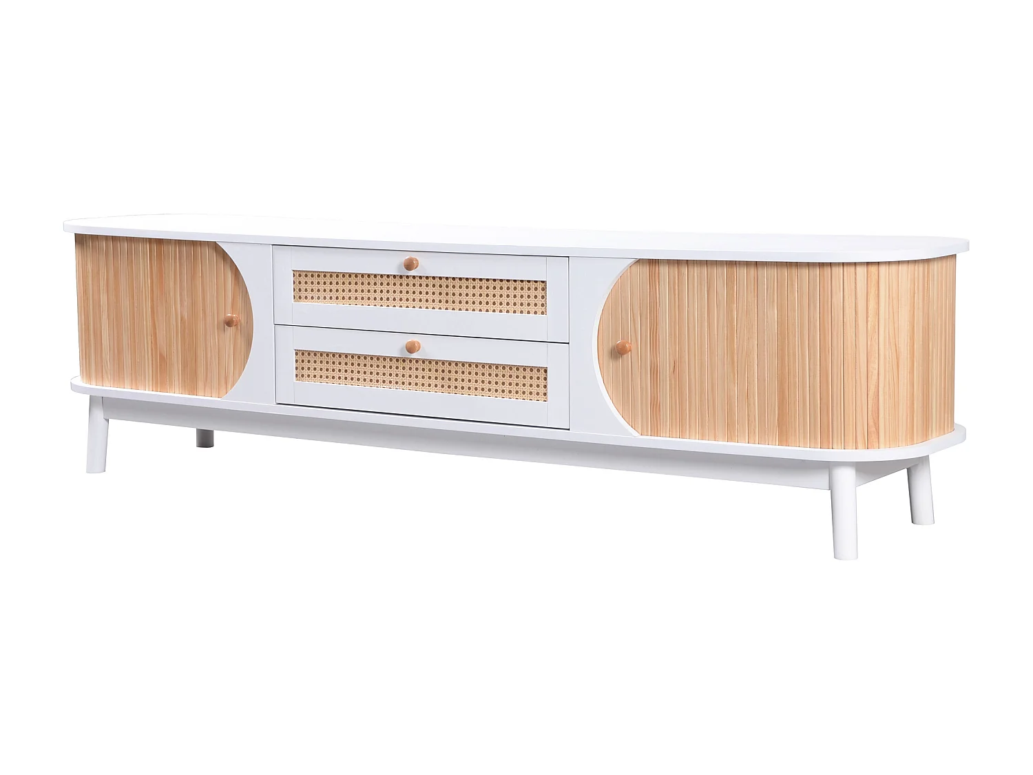 Meuble TV 170x39.5x46 cm, portes et tiroirs, solution de rangement, MDF, blanc et bois