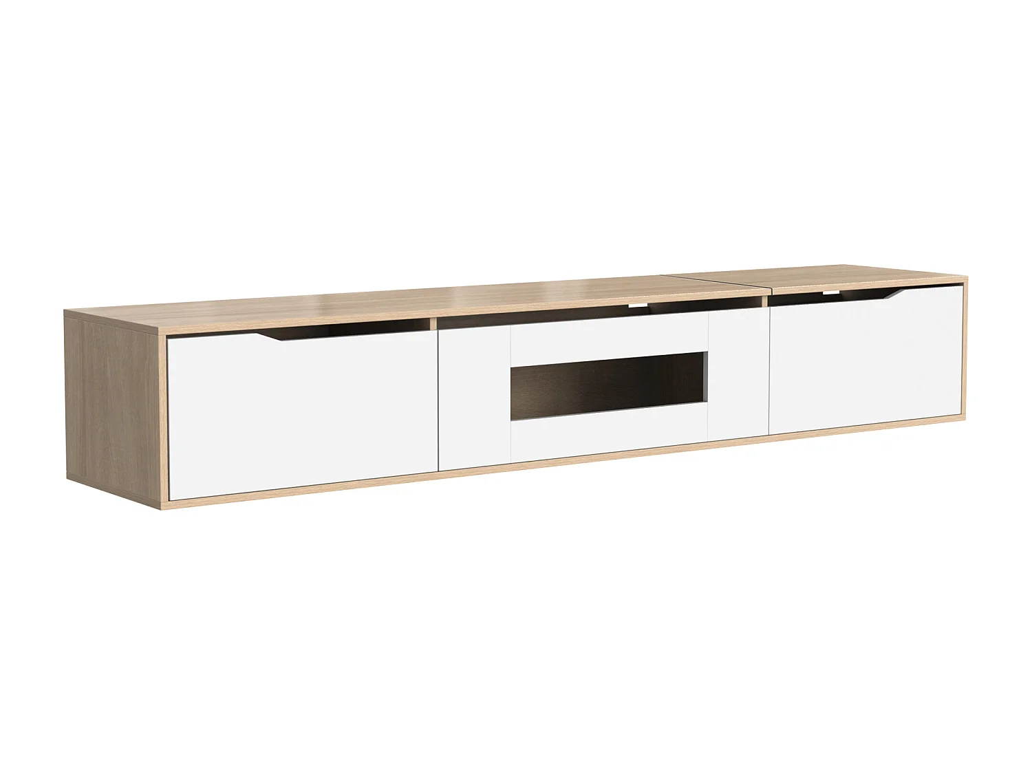 Meuble TV 180x35x30 cm, éclairage LED 16 couleurs, portes rainurées, panneaux de particules, blanc