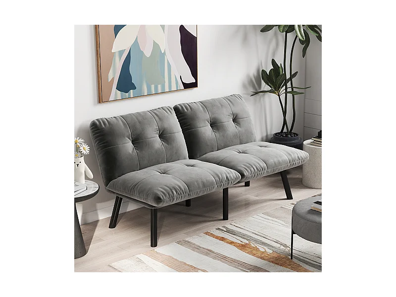 Grijze 2-zits slaapbank, fluweel en metaal, zwarte poten.