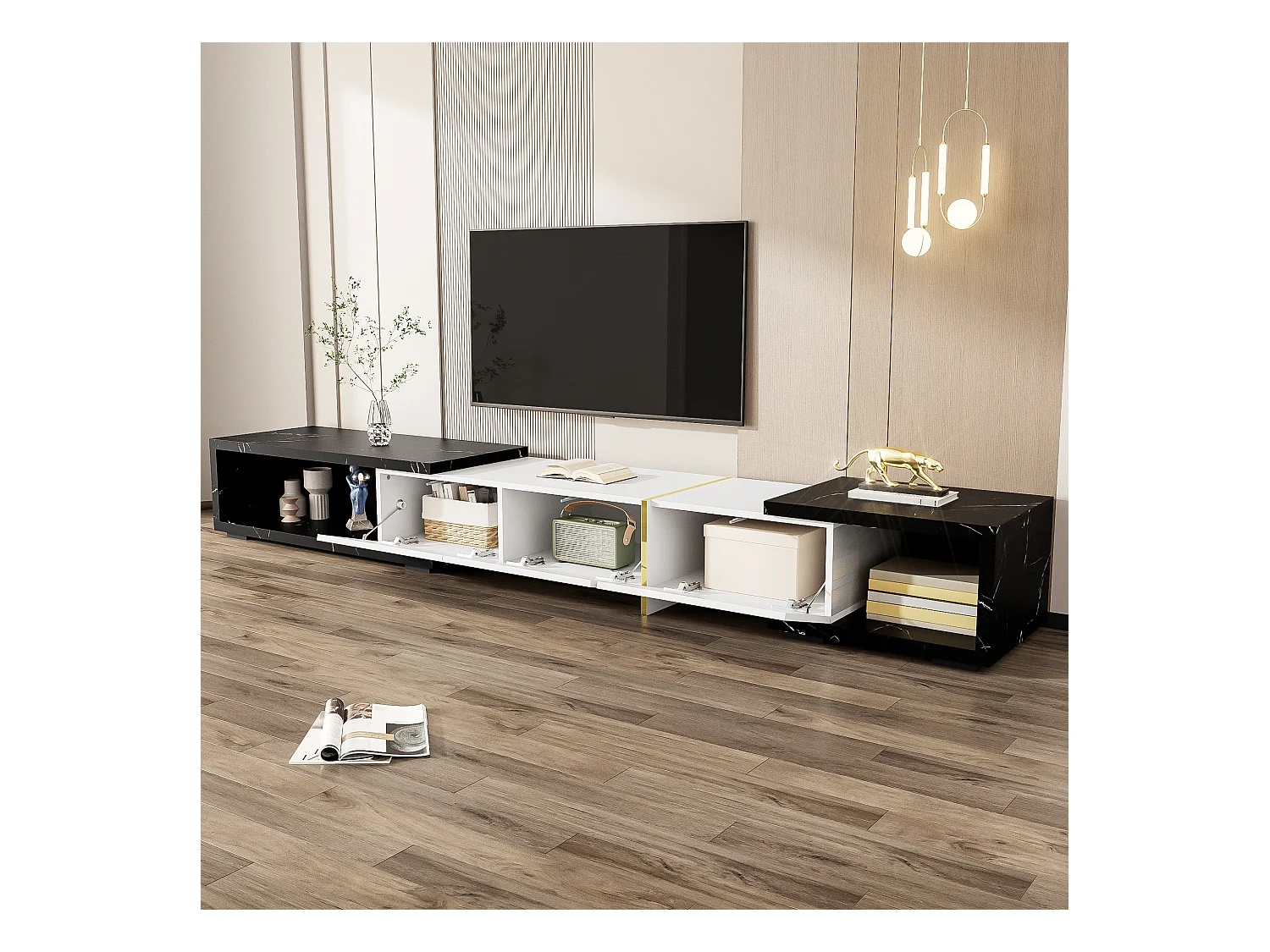 Meuble TV 260x40x30 cm avec casier à longueur réglable MDF et panneaux de particules en blanc et noir pour salon