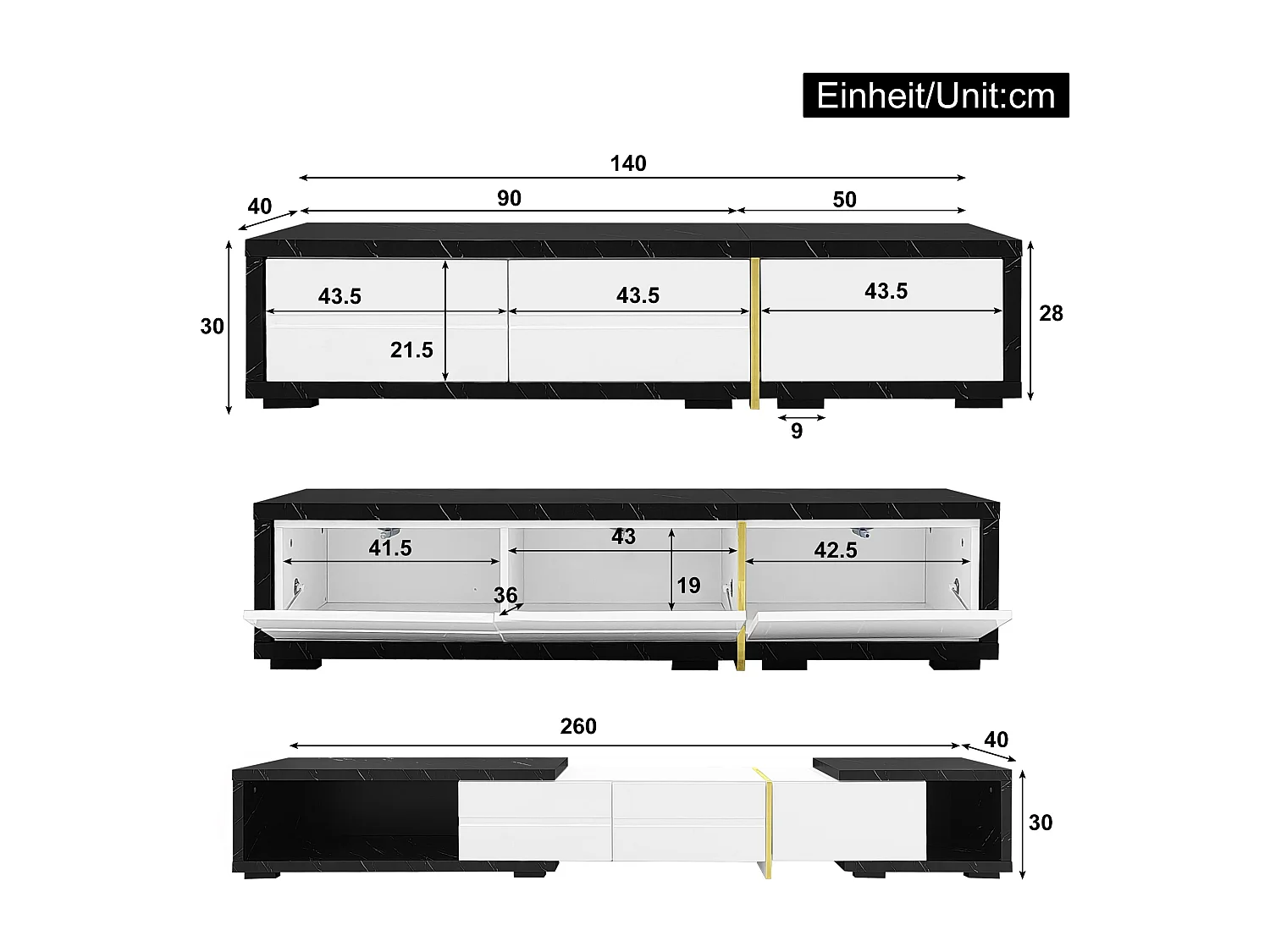 Meuble TV 140x40x30 cm, longueur variable, rotatif et extensible, grand rangement, MDF et panneaux de particules, noir marbre et blanc