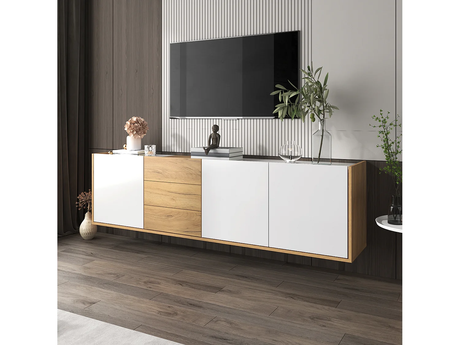 Meuble TV 171.5x35x47 cm, 3 portes et 3 tiroirs, étagères réglables, usage au sol ou mural, MDF, blanc et bois