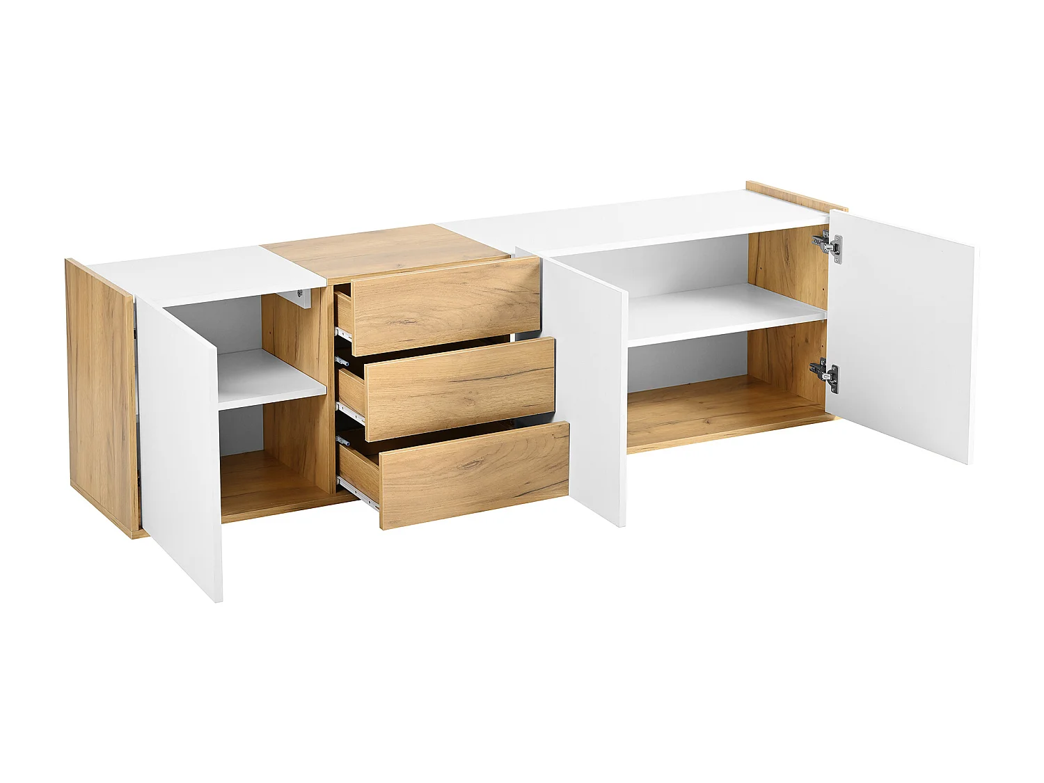 Meuble TV 171.5x35x47 cm, 3 portes et 3 tiroirs, étagères réglables, usage au sol ou mural, MDF, blanc et bois