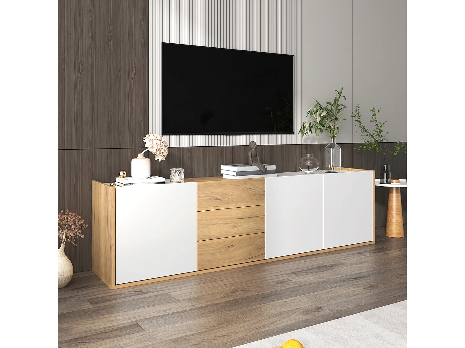 Meuble TV 171.5x35x47 cm, 3 portes et 3 tiroirs, étagères réglables, usage au sol ou mural, MDF, blanc et bois