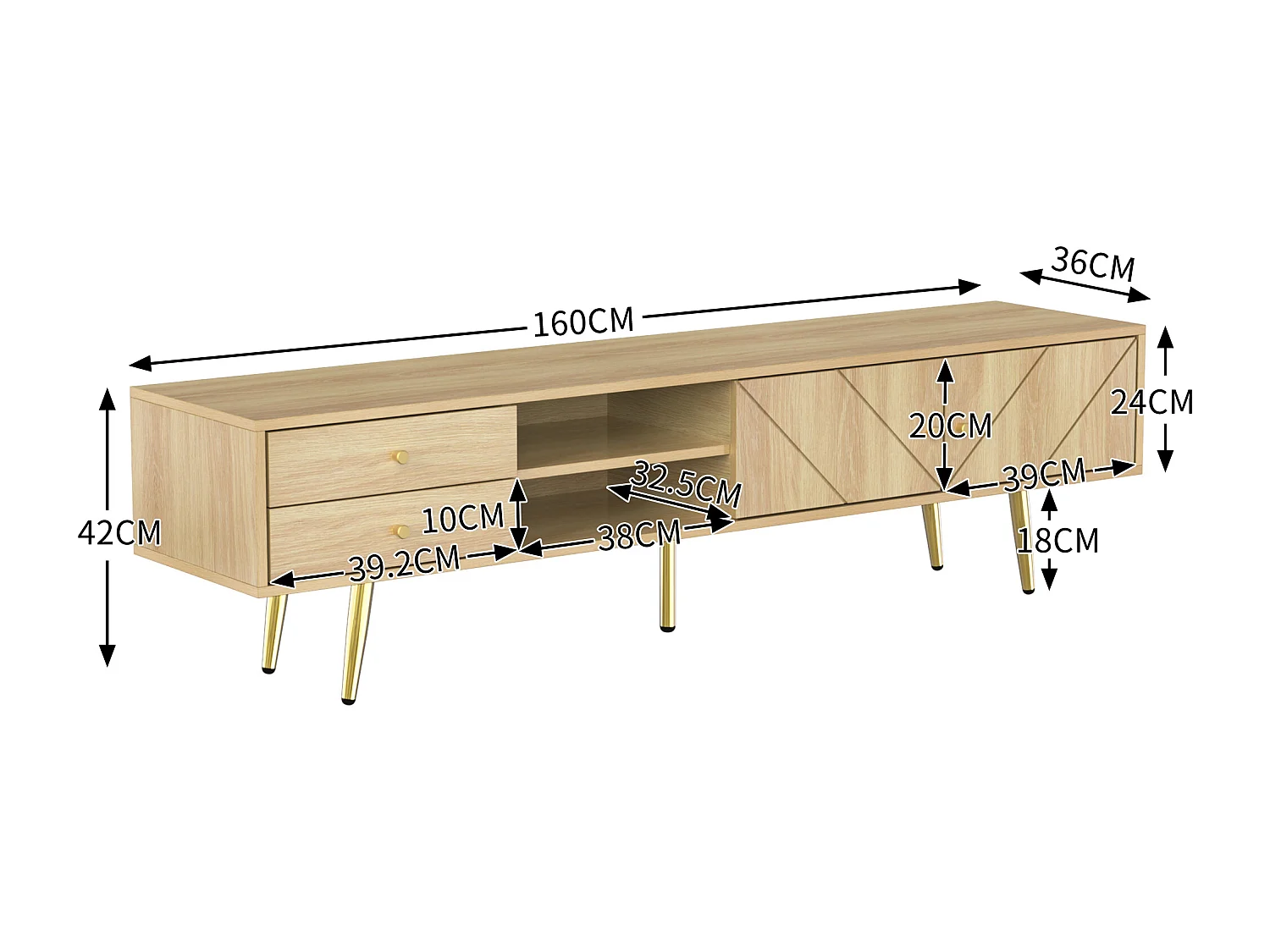 Mobile porta TV con 2 cassetti e 2 ante, gambe dorate, 160 x 36 x 42 cm