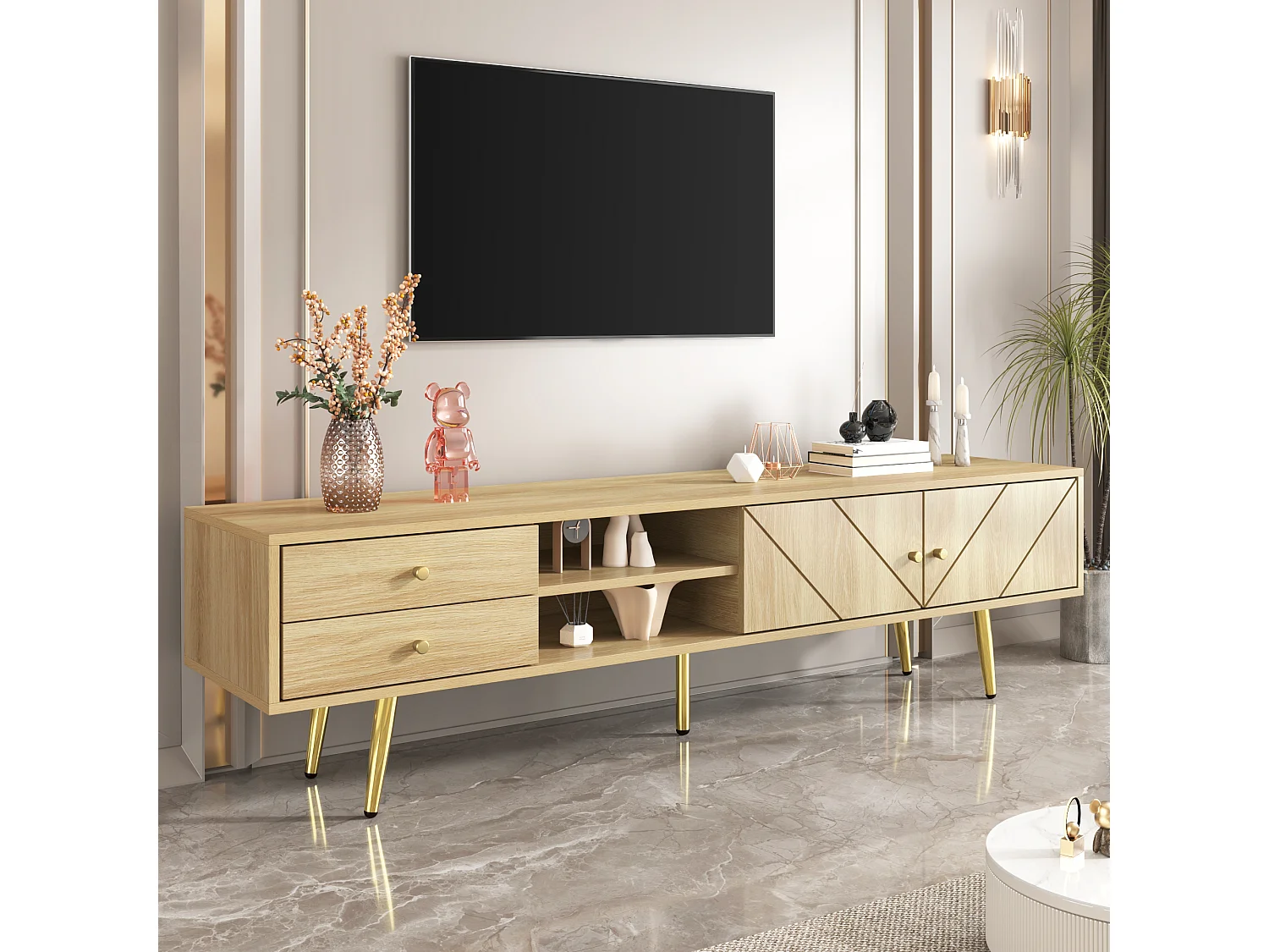 Mobile porta TV con 2 cassetti e 2 ante, gambe dorate, 160 x 36 x 42 cm