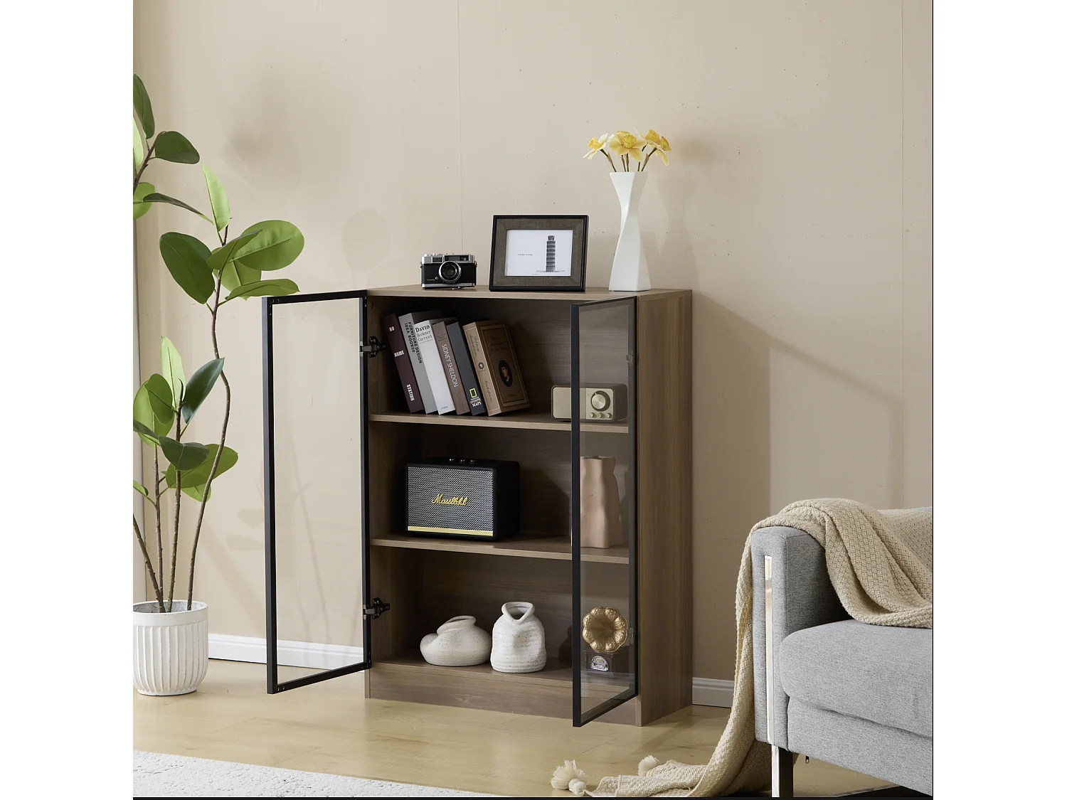 Vitrinekast met 2 deuren 80x32x106 cm met LED-verlichting en planken, spaanplaat en glas, natuurlijke kleur, voor woonkamer