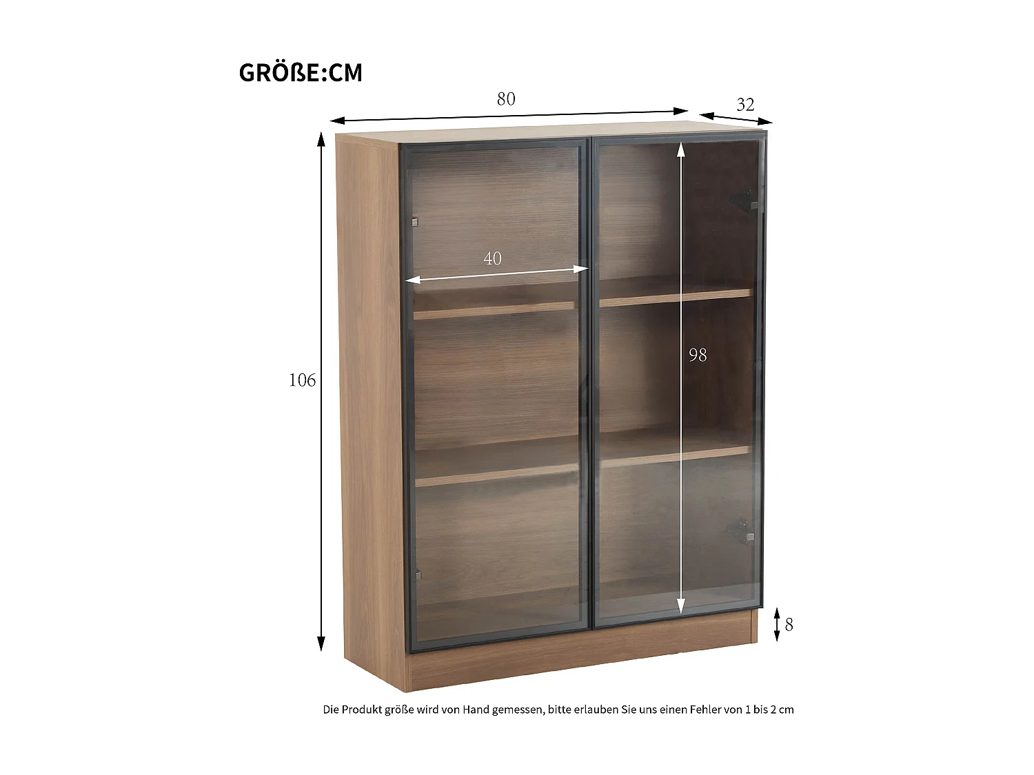 Vitrinekast met 2 deuren 80x32x106 cm met LED-verlichting en planken, spaanplaat en glas, natuurlijke kleur, voor woonkamer