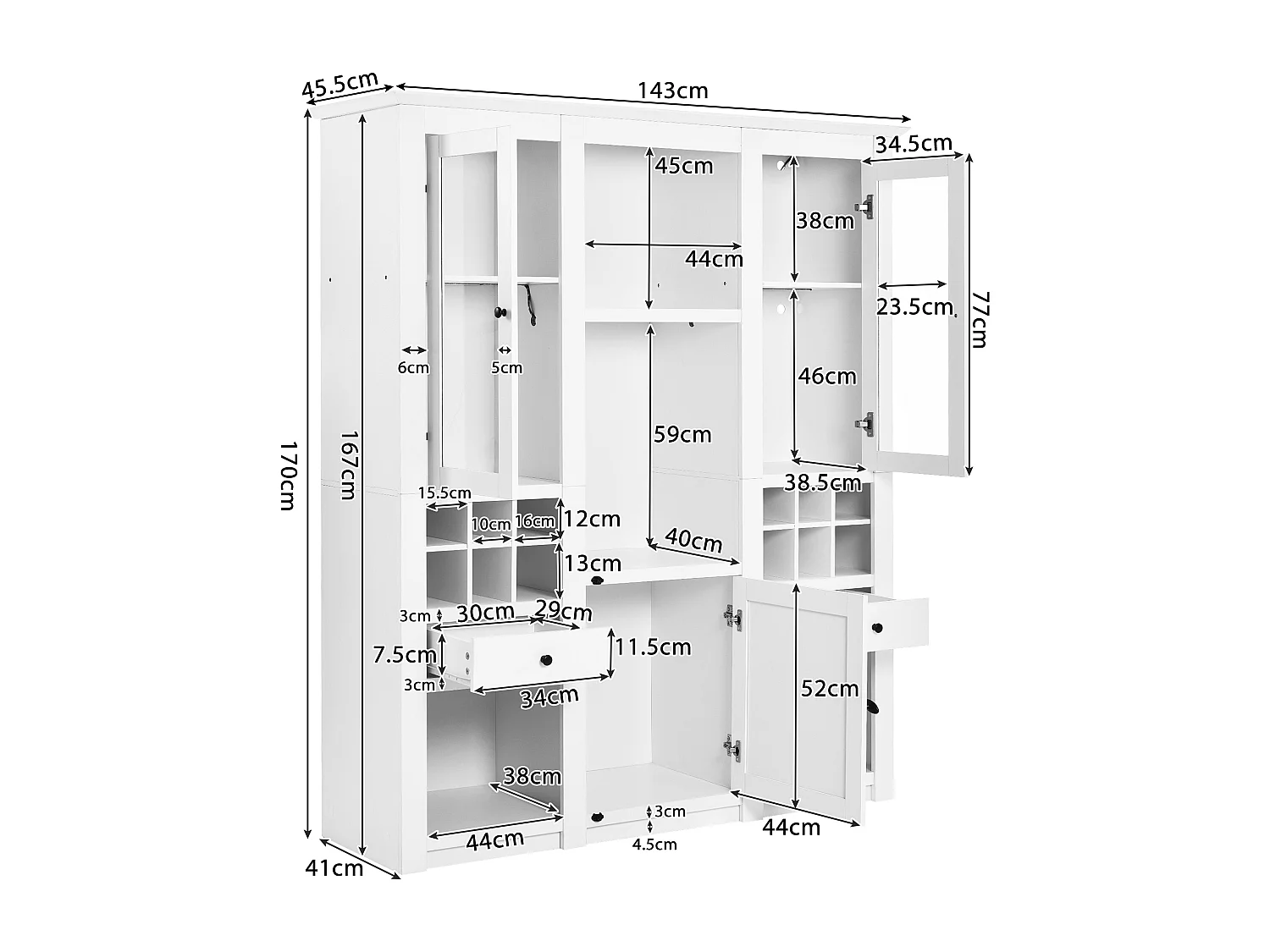 Vitrine 143x45.5x170 cm, éclairage LED 16 couleurs, commande via application, alimentation USB, MDF blanc