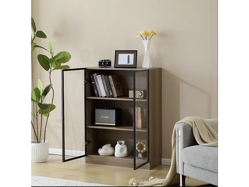 Vitrine 2 portes 80x32x106 cm avec éclairage LED et étagères panneaux de particules et verre Couleur naturelle pour salon