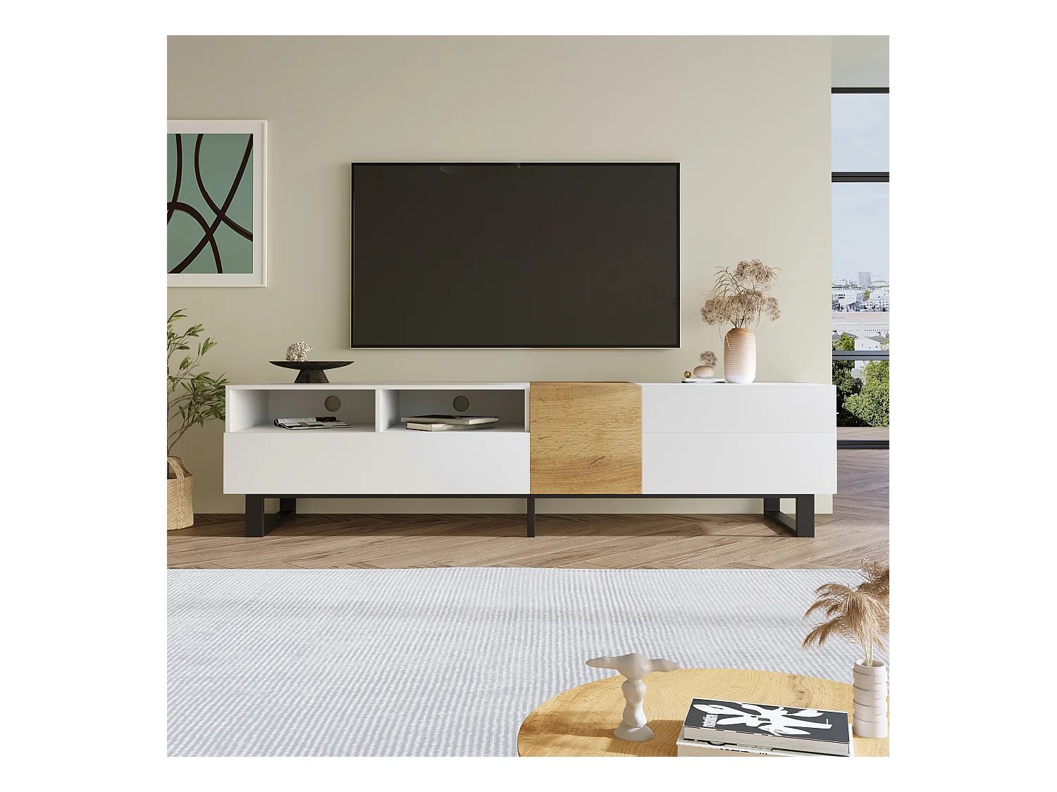 TV kast 180x38x50cm met opslagruimte 2 open compartimenten 2 laden en 2 deuren brengen Materiaal MDF kleur Wit