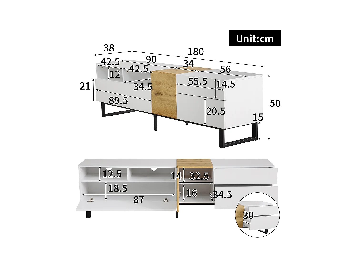 TV kast 180x38x50cm met opslagruimte 2 open compartimenten 2 laden en 2 deuren brengen Materiaal MDF kleur Wit