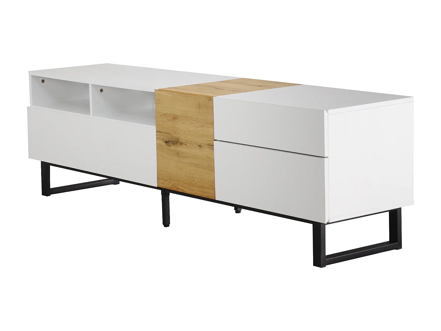 Meuble TV 180x38x50 cm, grand espace de rangement, charnières amorties, MDF blanc et effet bois