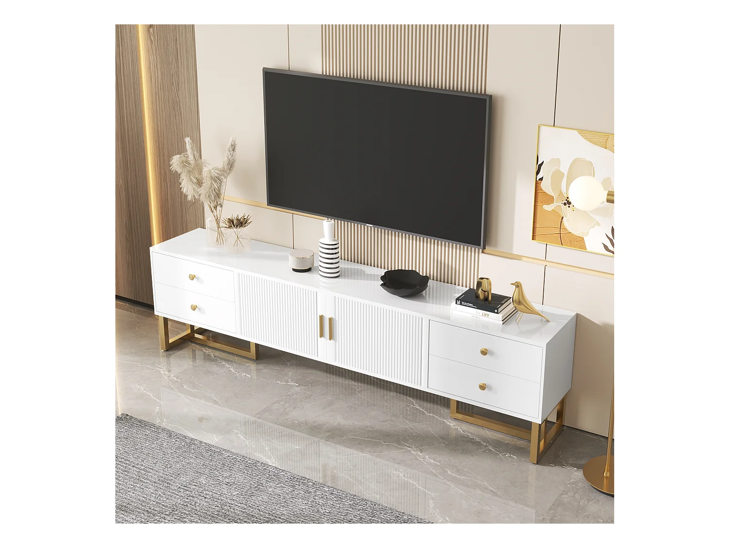 TV-meubel 175x30x46 cm met vier lades en twee opbergkasten MDF-materiaal in wit voor woonkamer