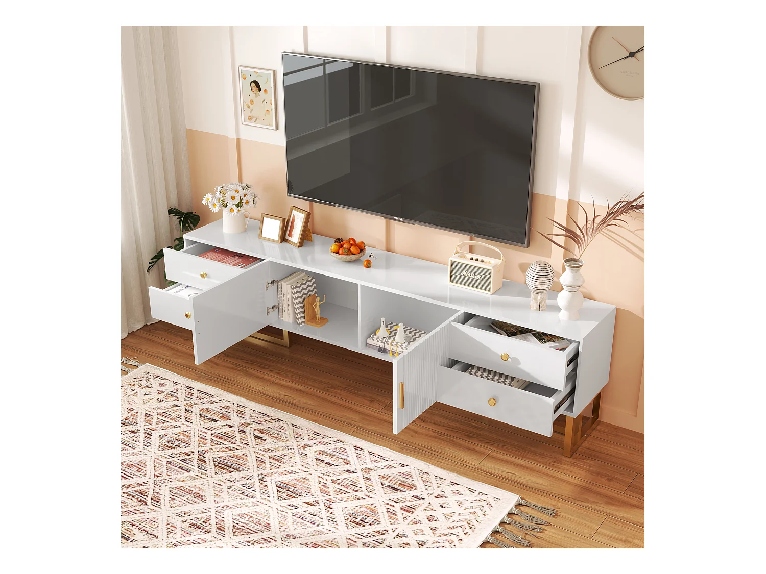 TV-meubel 175x30x46 cm met vier lades en twee opbergkasten MDF-materiaal in wit voor woonkamer