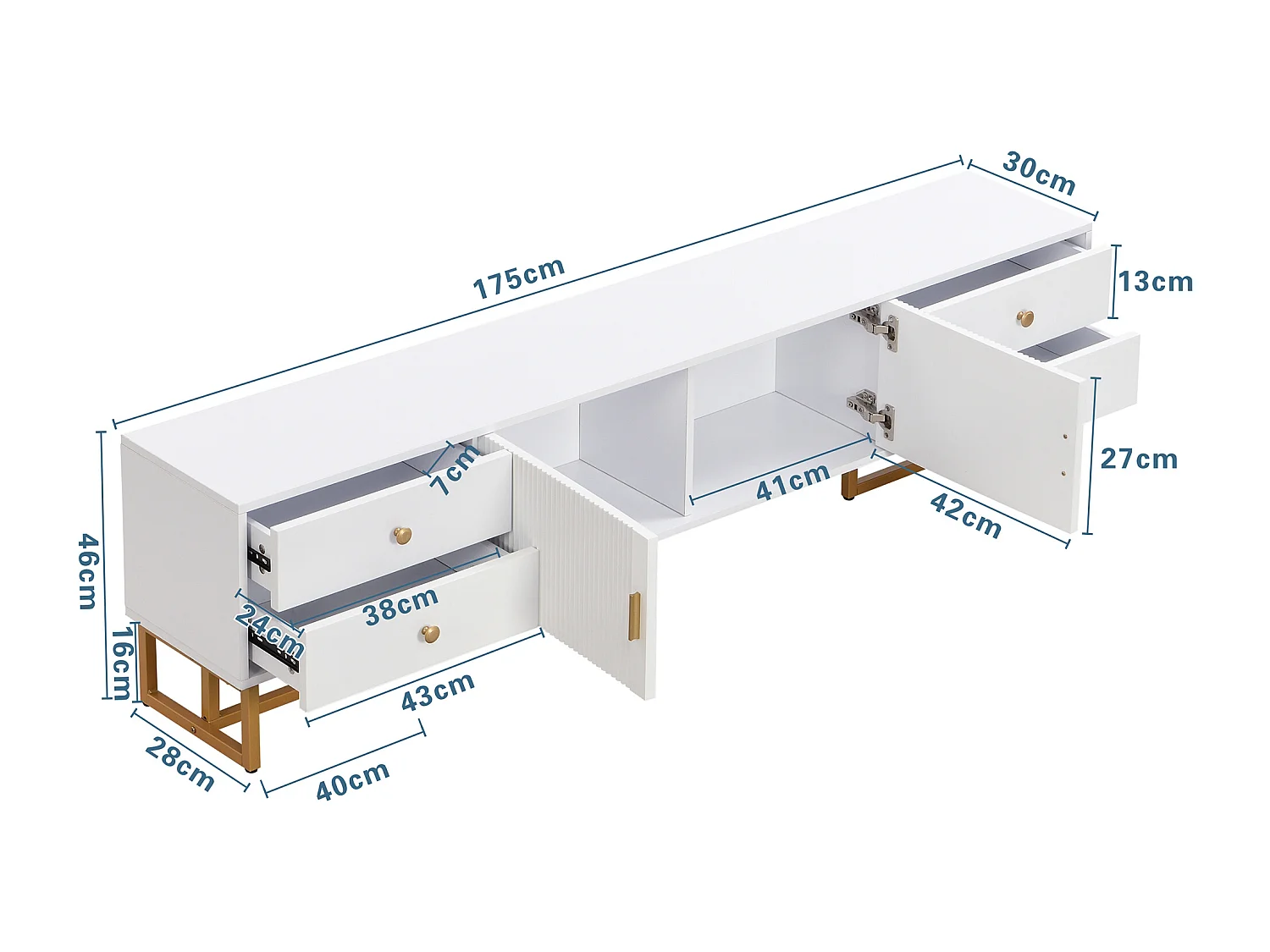 TV-meubel 175x30x46 cm met vier lades en twee opbergkasten MDF-materiaal in wit voor woonkamer