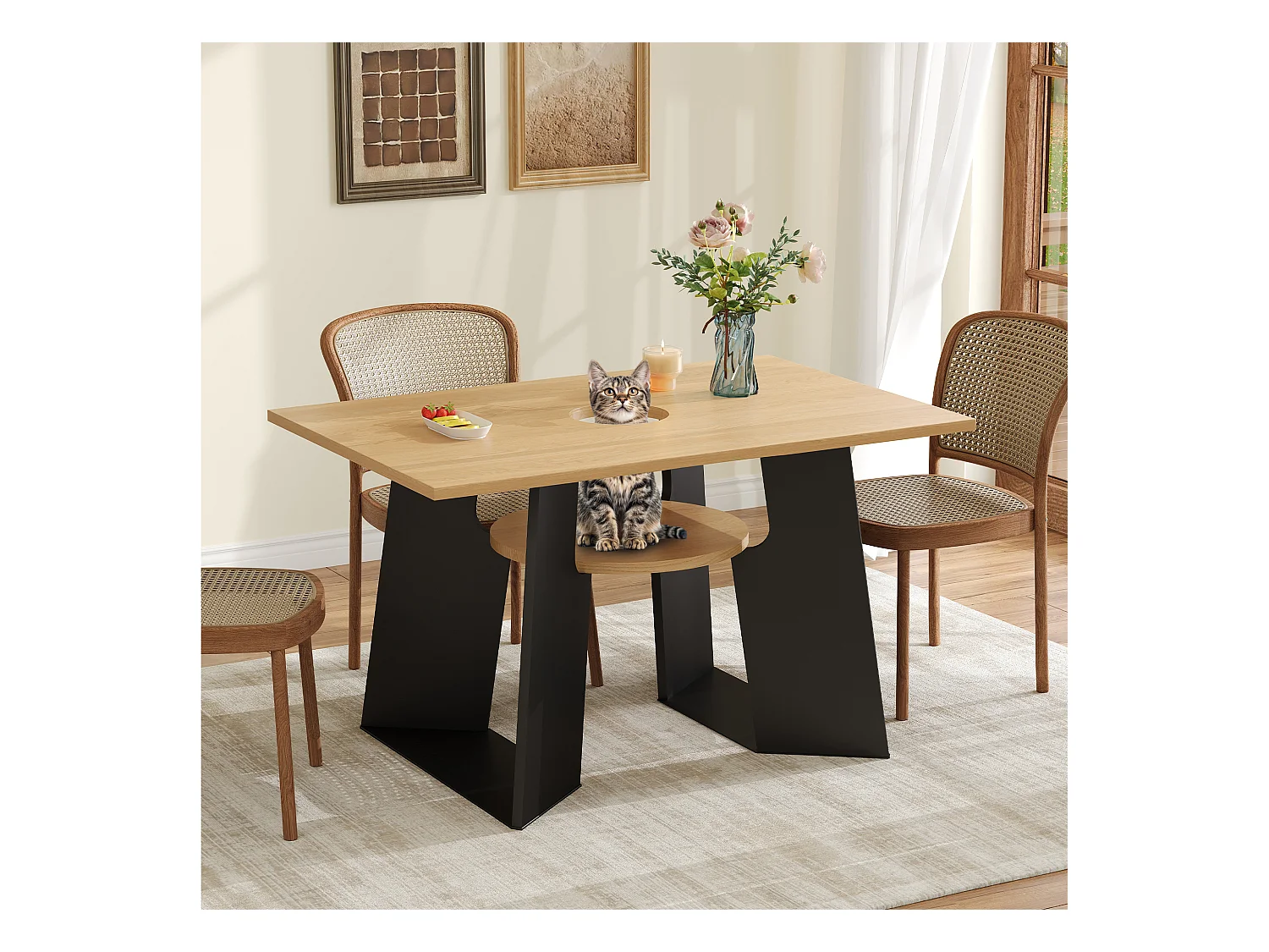 Table à manger pour 6 personnes, espace pour animaux , noir et naturel