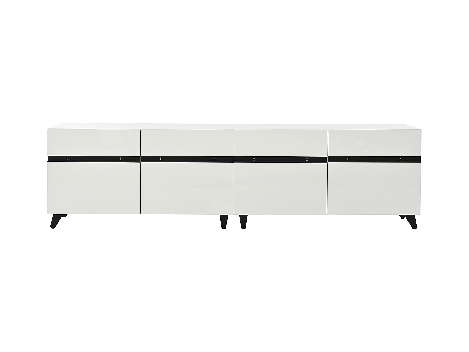 Meuble TV blanc avec 4 portes, finition brillante , pieds noirs.